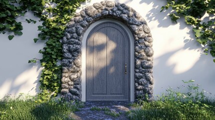 Fototapeta premium A rustic door framed by a stone arch, standing out against a bright white wall, offering an old-world architectural feel.