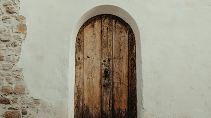 A rustic wooden door with an arched stone frame, set against a white wall, highlighting the beauty of simple, historic architecture.