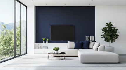A sleek living room with white walls, a soft gray sofa, and bold navy blue cushions