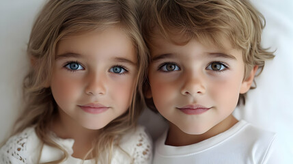 Portrait of Two Young Children with Blonde Hair and White Shirts - Realistic Photo