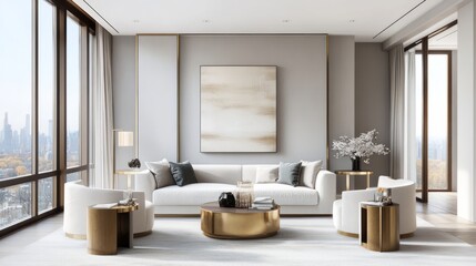 A sleek minimalist living room with light gray walls, a white velvet sofa, and gold side tables