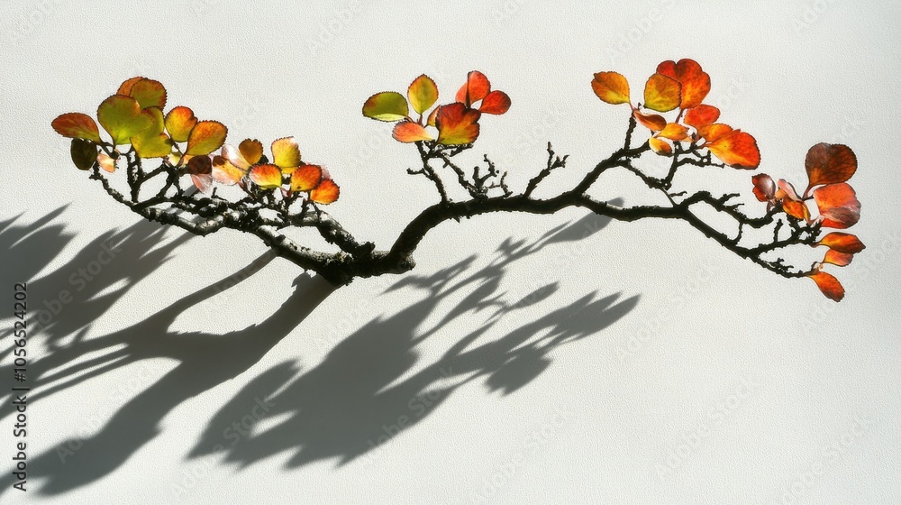 Poster a simple branch with brightly colored leaves casting artistic shadows on a plain white background, c