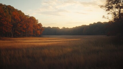 Naklejka premium A serene landscape at sunset featuring autumn foliage, golden grass, and a peaceful atmosphere, capturing the beauty of nature.