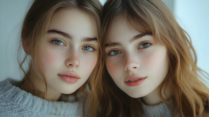 Close-up Portrait of Two Young Women with Blonde Hair and Blue Eyes - Realistic Illustration
