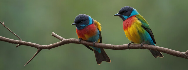 Obraz premium A pair of small, colorful birds sitting closely on a branch, their wings slightly overlapping, symbolizing closeness and companionship.