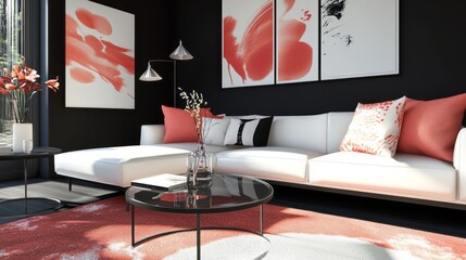 A sleek modern living room with black walls, a white leather sofa, and coral throw pillows