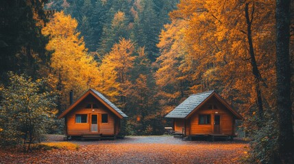 Two charming cabins nestled in a vibrant autumn forest, surrounded by colorful foliage and towering trees.