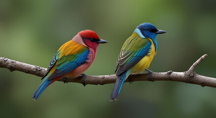 Fototapeta premium A pair of small, colorful birds sitting closely on a branch, their wings slightly overlapping, symbolizing closeness and companionship.