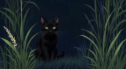 A tiny black cat with white whiskers peeking from tall, dark grass on a navy blue background, ideal for a mysterious and cozy wallpaper design.