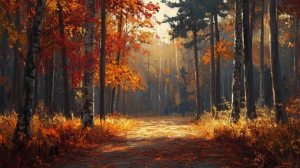 Obraz premium A picturesque autumn forest path surrounded by vibrant orange and yellow foliage, illuminated by soft sunlight filtering through the trees.