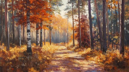 Obraz premium A serene autumn forest scene with vibrant orange leaves and a sunlit path, creating a tranquil and inviting atmosphere.