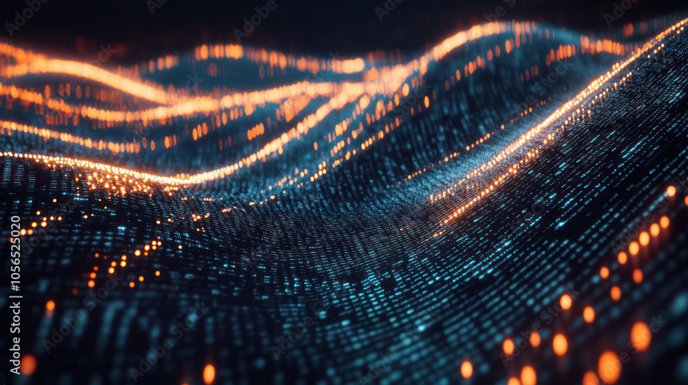 Poster abstract binary digits flowing like a wave over a dark,