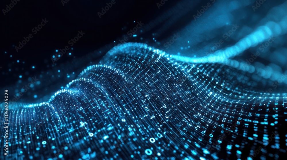 Poster abstract binary digits flowing like a wave over a dark,