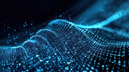 Abstract binary digits flowing like a wave over a dark,