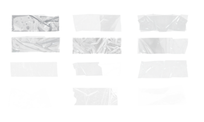 set of Transparent Tape duct tape crumpled stripes. Realistic sticky paper strips. Isolated plaster masking pieces with torn edges, ripped wrinkled bands for package wrap	
