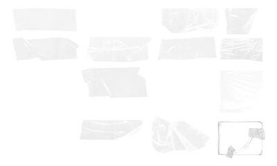 set of Transparent Tape duct tape crumpled stripes. Realistic sticky paper strips. Isolated plaster masking pieces with torn edges, ripped wrinkled bands for package wrap	