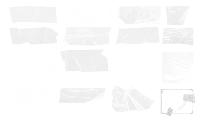 set of Transparent Tape duct tape crumpled stripes. Realistic sticky paper strips. Isolated plaster masking pieces with torn edges, ripped wrinkled bands for package wrap	