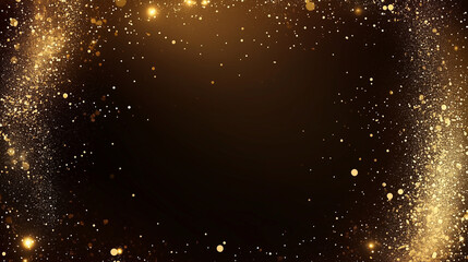 Festive vector background with gold glitter and confetti for christmas celebration. Black background with glowing golden particles.