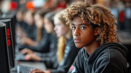 Obraz premium Teenage boy focused on gaming while participating in an esports event