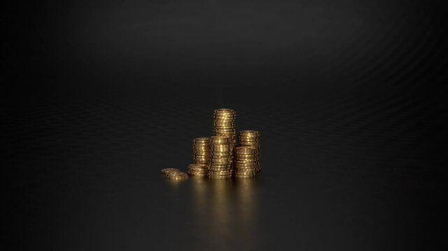 Growing Circular pyramid of Golden Bitcoins on the black metallic surface