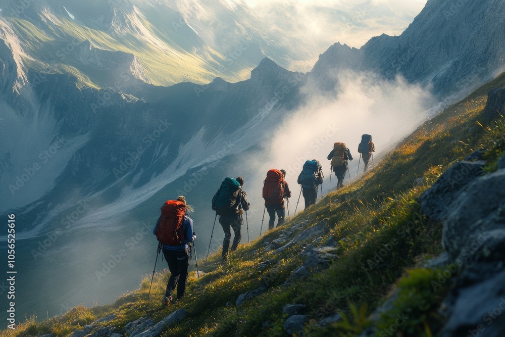 Wall mural group of hikers ascending a rugged mountain in the early morning light, embodying teamwork and a spi
