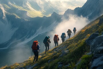 Group of hikers ascending a rugged mountain in the early morning light, embodying teamwork and a spirit of adventure