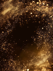Fototapeta premium Festive vector background with gold glitter and confetti for christmas celebration. Black background with glowing golden particles.