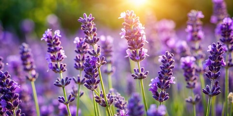 Fototapeta premium Close-up of purple lavender flowers blooming in a garden on a sunny day surrounded by green leaves and stems, flowers, sunlight, blossoms, nature