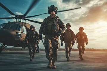 Military personnel equipped for deployment exiting helicopter at sunset