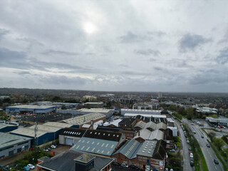 Aerial View of Central City Centre Elstree Uxbridge London City of England, Great Britain. It Was Rainy and Cloudy Day with Strong Winds over England, High Angle Drone's Camera Footage. April 4th, 24
