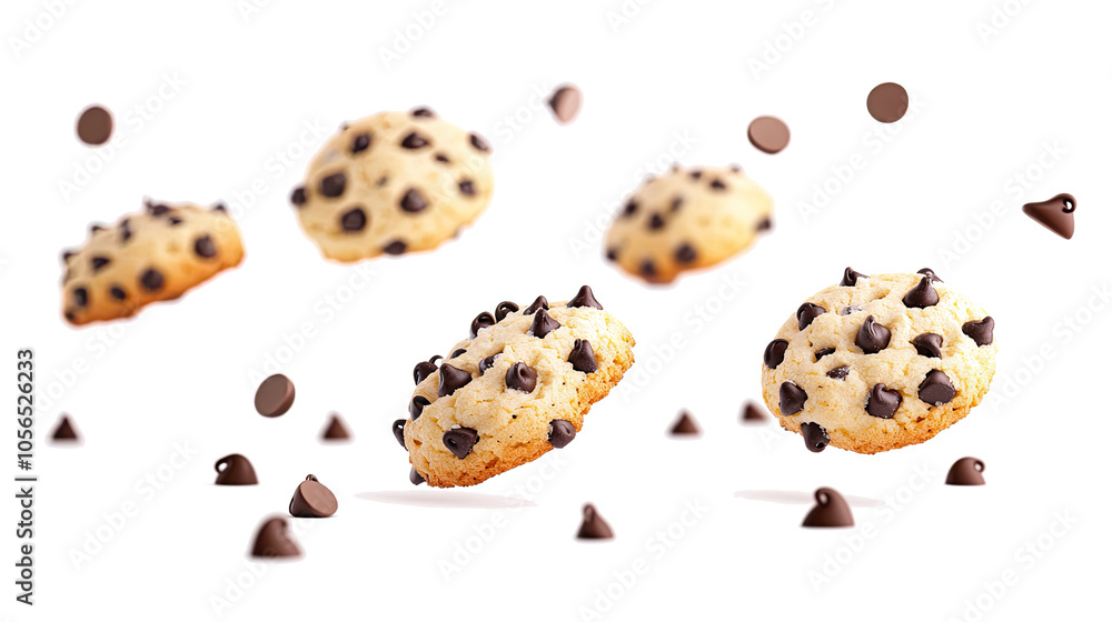Poster chocolate chip cookies falling against a transparent background generative ai
