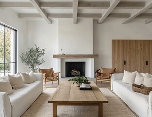 Minimalist living room with a white sofa, wooden coffee table, and fireplace.