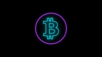 Neon, Glowing line bitcoin icon on black background. Bitcoin token with bright glowing 