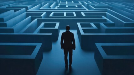 A lone figure stands at the entrance of a complex maze, symbolizing the challenges and choices in life.