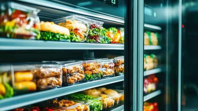 A modern fridge displays an array of neatly packaged meals and fresh ingredients, convenient food options for quick meals.