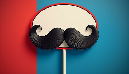 Whimsical moustache on a stick with a speech bubble, set against a bright blue and red background, perfect for retro and playful designs