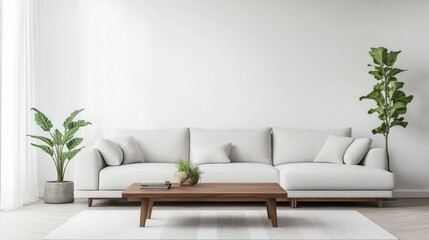 White walls with a light gray sectional and walnut wood coffee table. Touches of green in plants add a natural touch to the minimalist setting