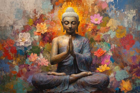 Buddha holding colorful lotus flower, oil painting	