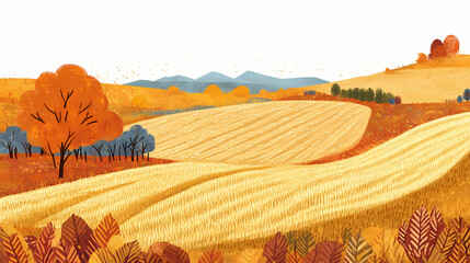 Rich autumn hues, golden fields overflow with rice fragrance. Golden Harvest Fields. Illustration