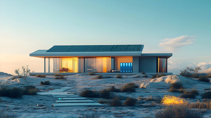 Rendering of Off Grid Modern Luxury House with Solar Panels and Energy Storage System