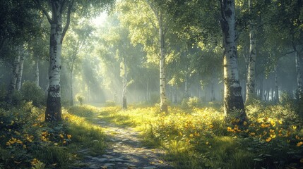 Obraz premium Serene forest path illuminated by sunlight and wildflowers.