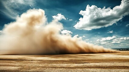 A large cloud of dust billows across a field under a blue sky with puffy white clouds