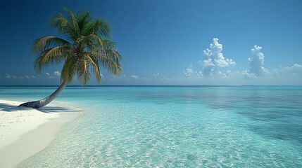 Fototapeta premium A lone palm tree stands on a pristine white sand beach with crystal clear turquoise water and a bright blue sky with white clouds.