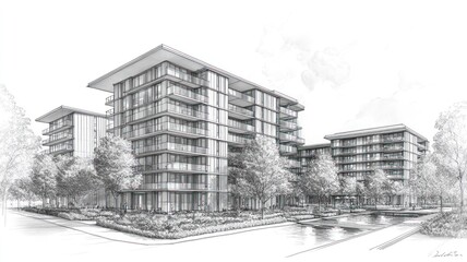 Architectural sketch of modern residential buildings with landscaping.