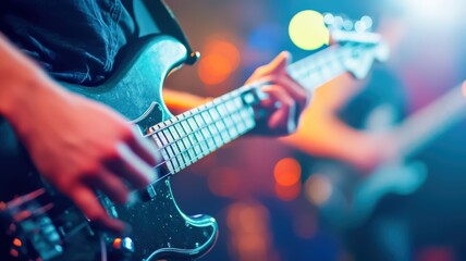 Obraz premium A close-up of a person playing an electric guitar, focusing on their hands and the instrument, with vibrant lighting creating a dynamic atmosphere.