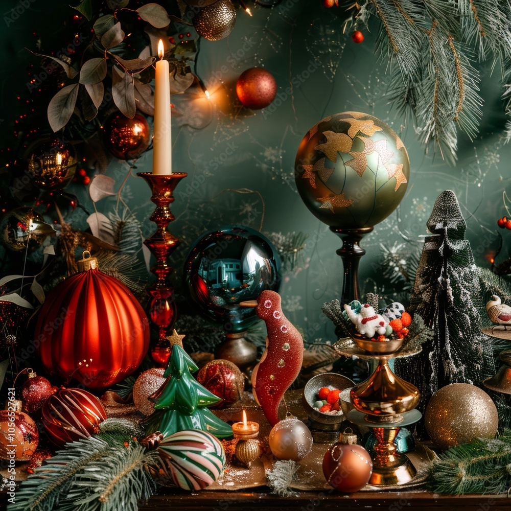 Poster a table is decorated with many different colored ornaments, including a green tree ornament and a re