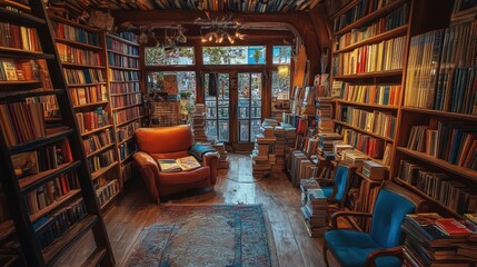 Cozy bookstore with bookshelves, armchair, and rug.