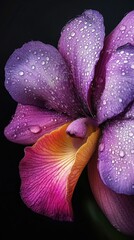 Naklejka na ściany i meble Close up of purple orchid flower glistening with water droplets