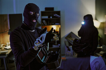 Professional thief grabbing jewelry from box and looking at it while his partner seeing room in...