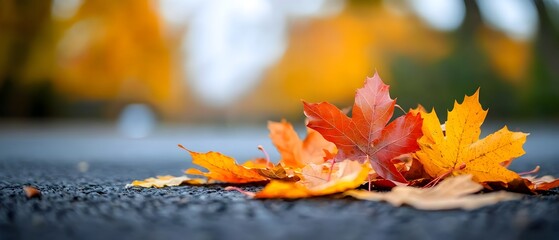 Fallen autumn leaves in various shades of orange red and yellow scattered on the ground with a blurred natural background providing copyspace for text or design elements